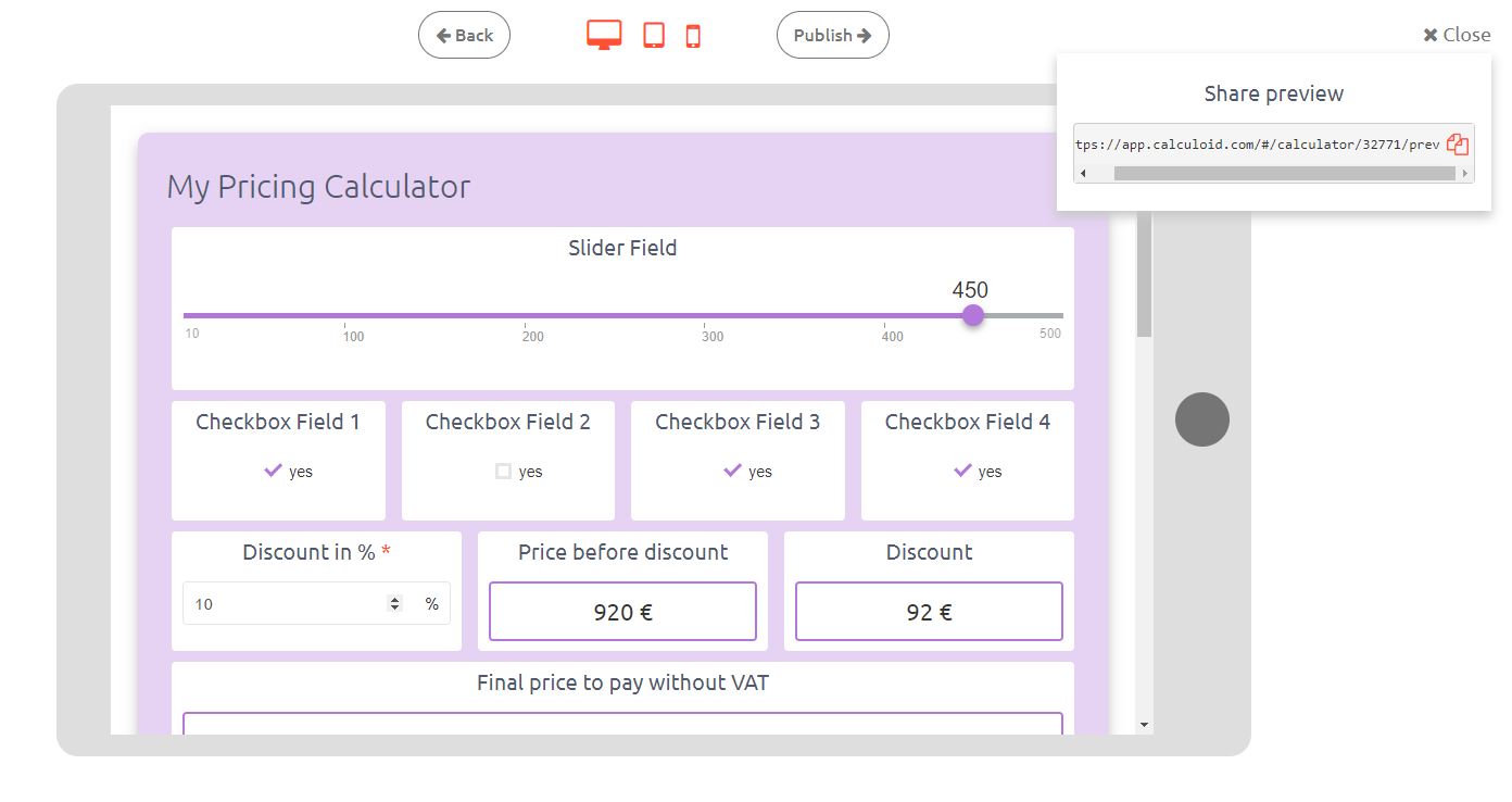 Náhled kalkulačky a odkaz sdílení - Calculoid.com