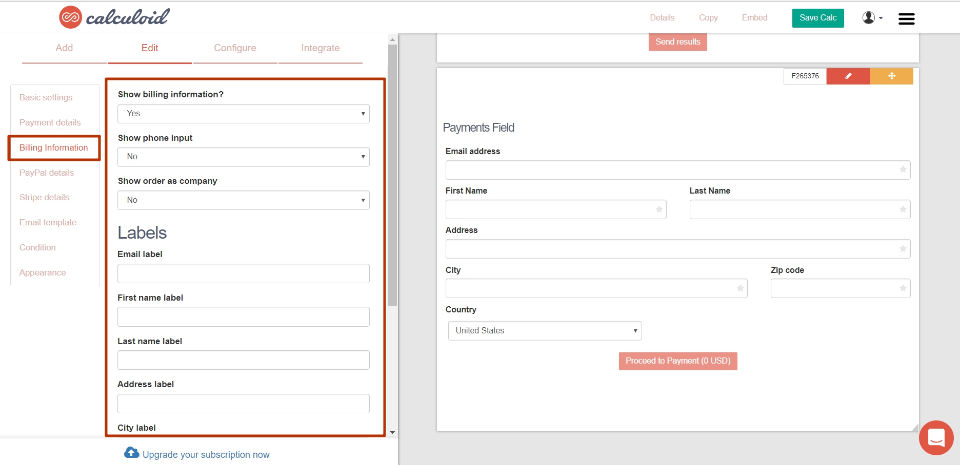 Configuración del campo de pagos