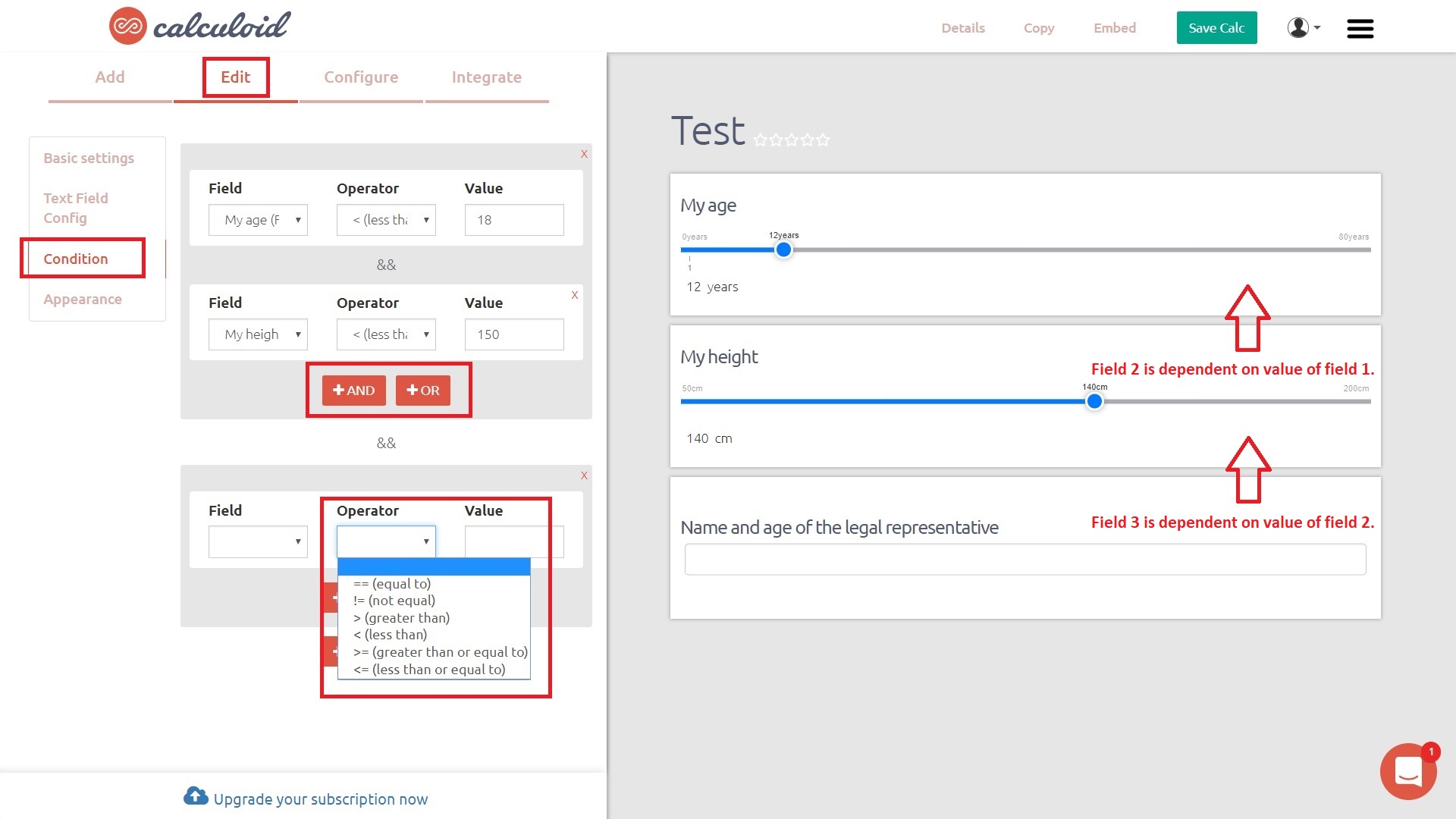 Calculadora web con campos condicionales.