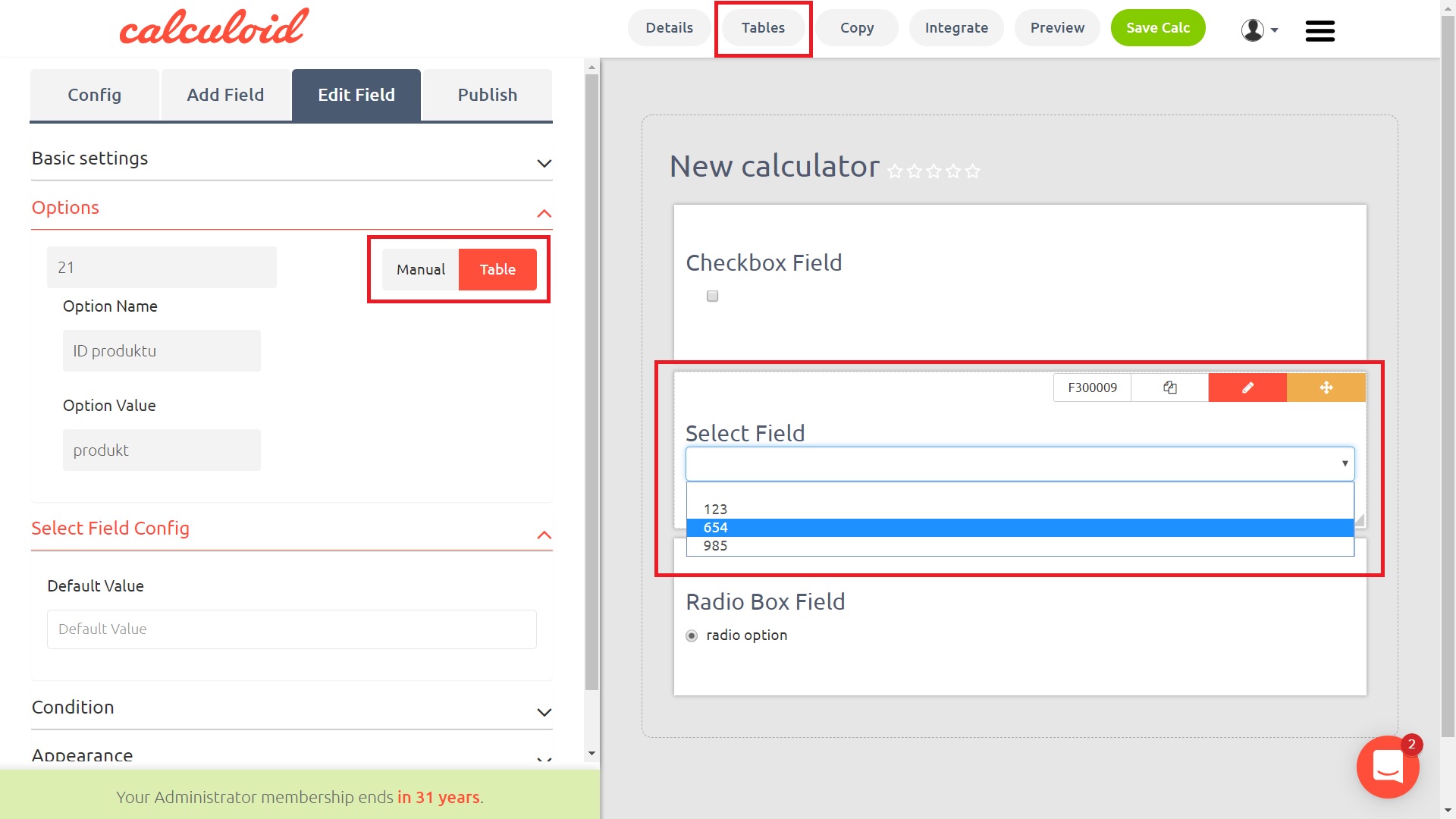 Sélectionnez un champ avec l'option d'importation CSV - Calculoid.com