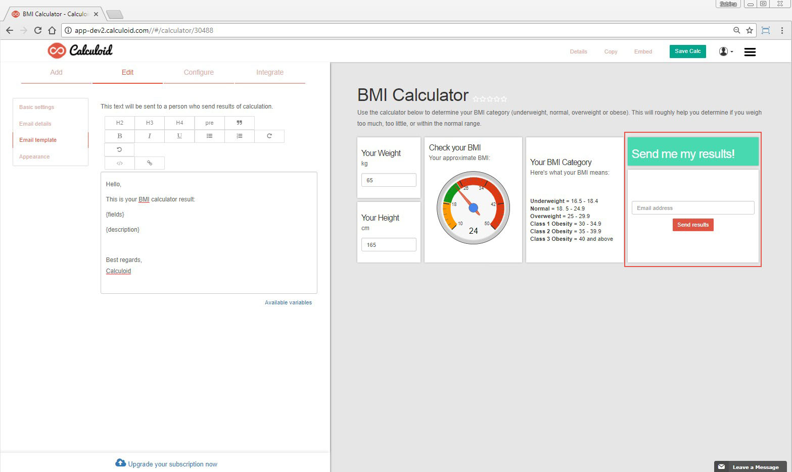Calculoid Send Results Field