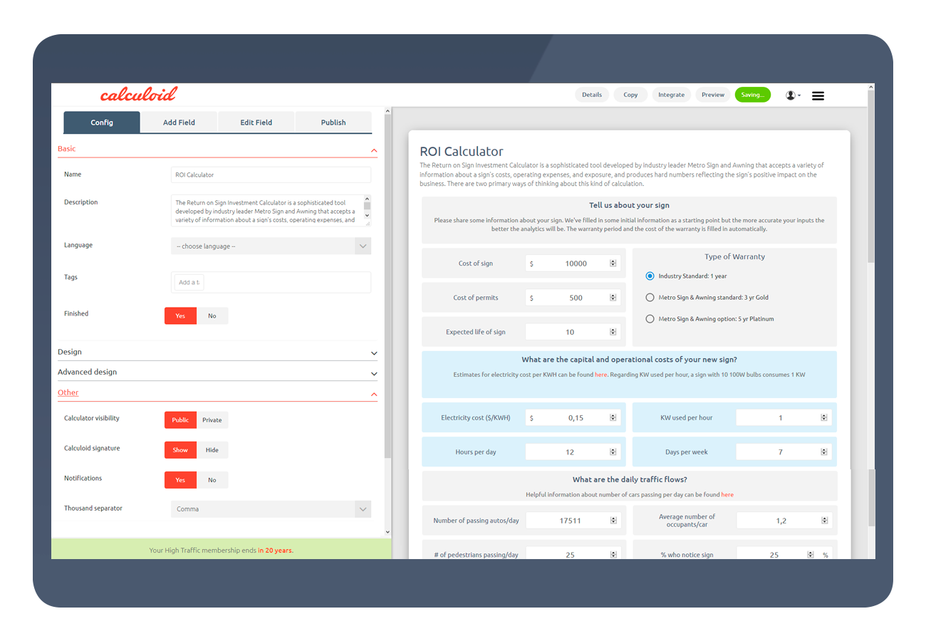 Calcolatrice ROI Calculoid Solutions 1300x900